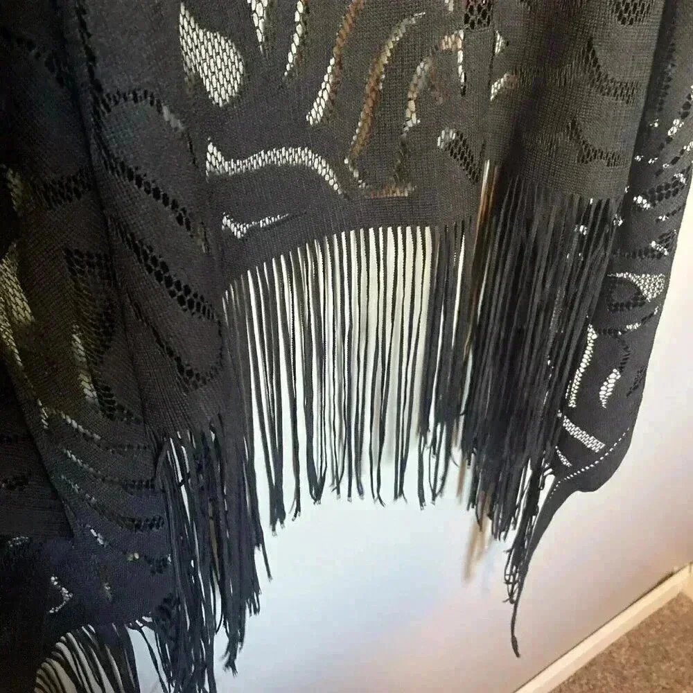 Moss Rose Black Mesh Boho Tassel Kimono One Size Fringe‎ Western Whimsigoth Maxi - Picture 4 of 8